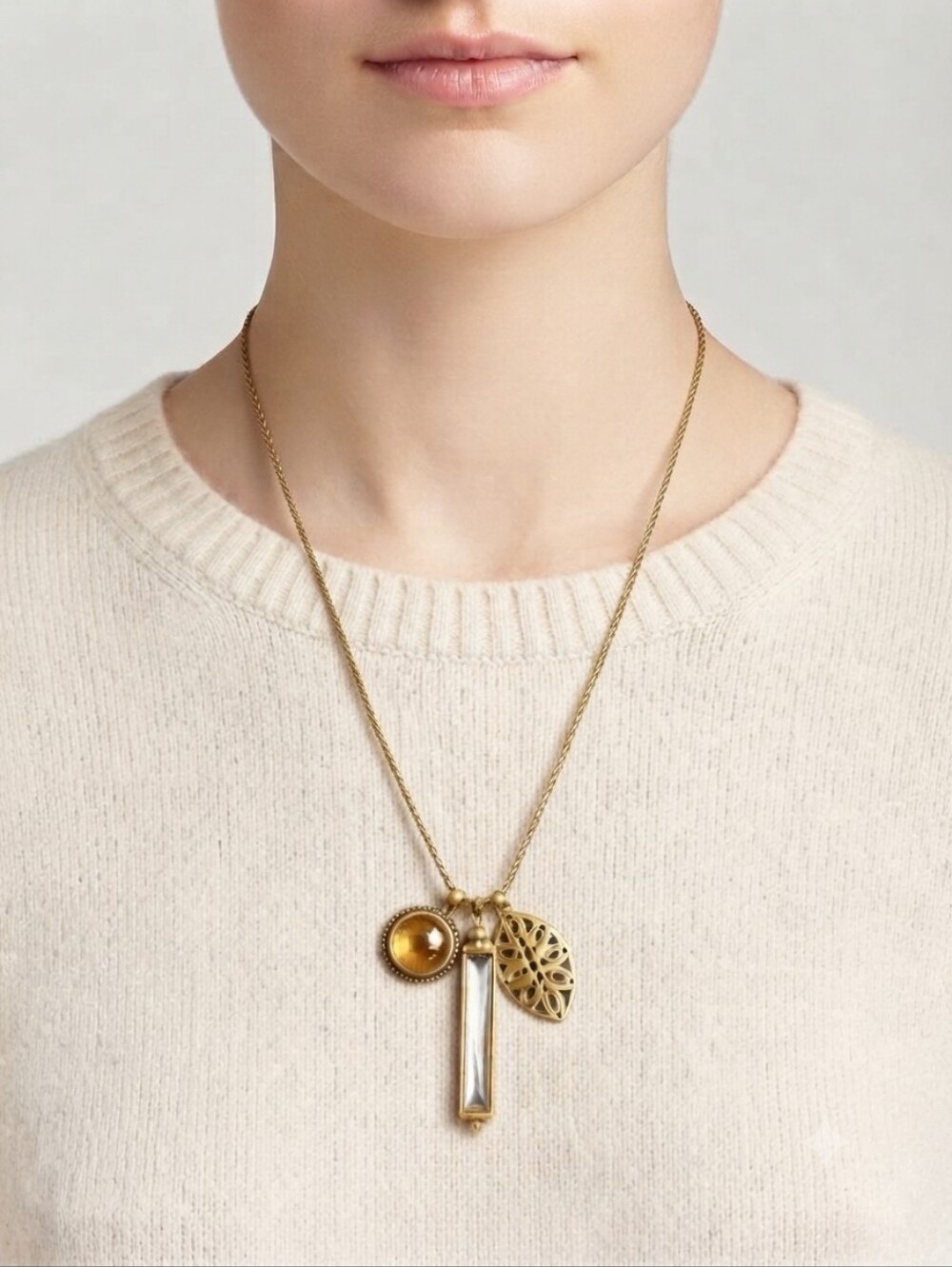 Lucky Brand Gold Tone Triple Charm Pendant Necklace Boho